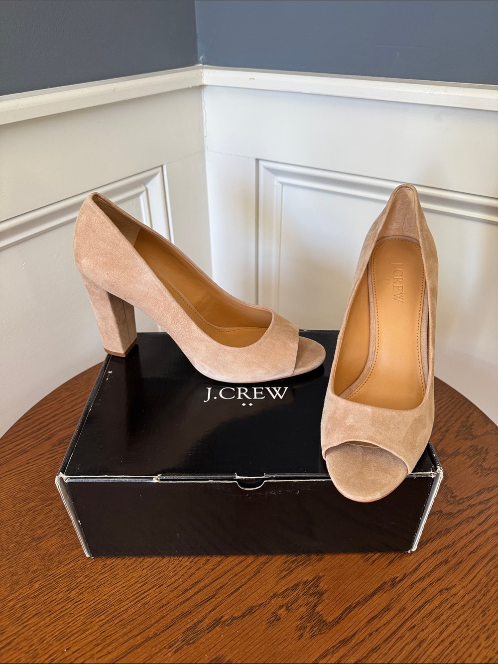 J. Crew Suede Peep-Toe Block Heel Pumps in Nude